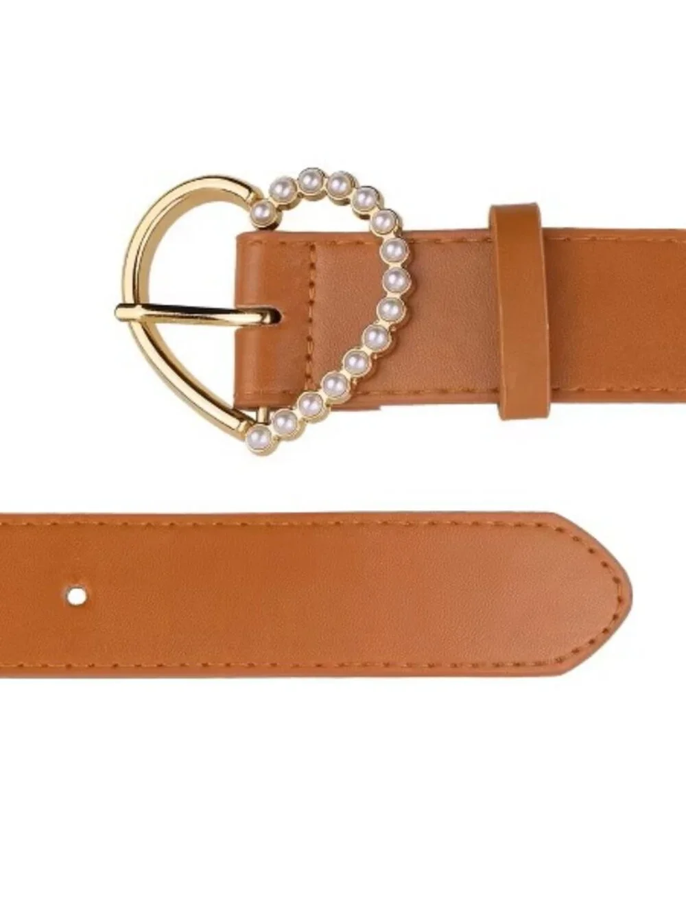 Light Brown Women’s Pearl Heart Buckle Waist Belt Fashion Dress Accessory Chic